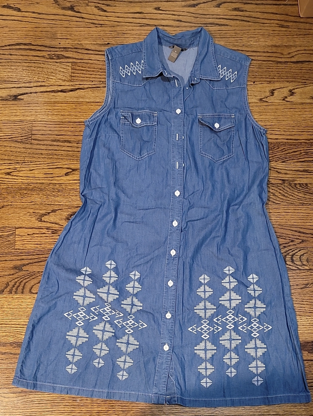 Bit & Bridle Blue Sleeveless Denim Shirt Dress with White Embroidery